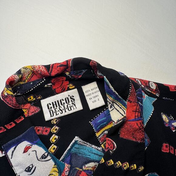 VTG Chico’s Design Pop Art Graphic Button-Up Shirt Women’s Size 2 Abstract Artsy - Picture 9 of 13
